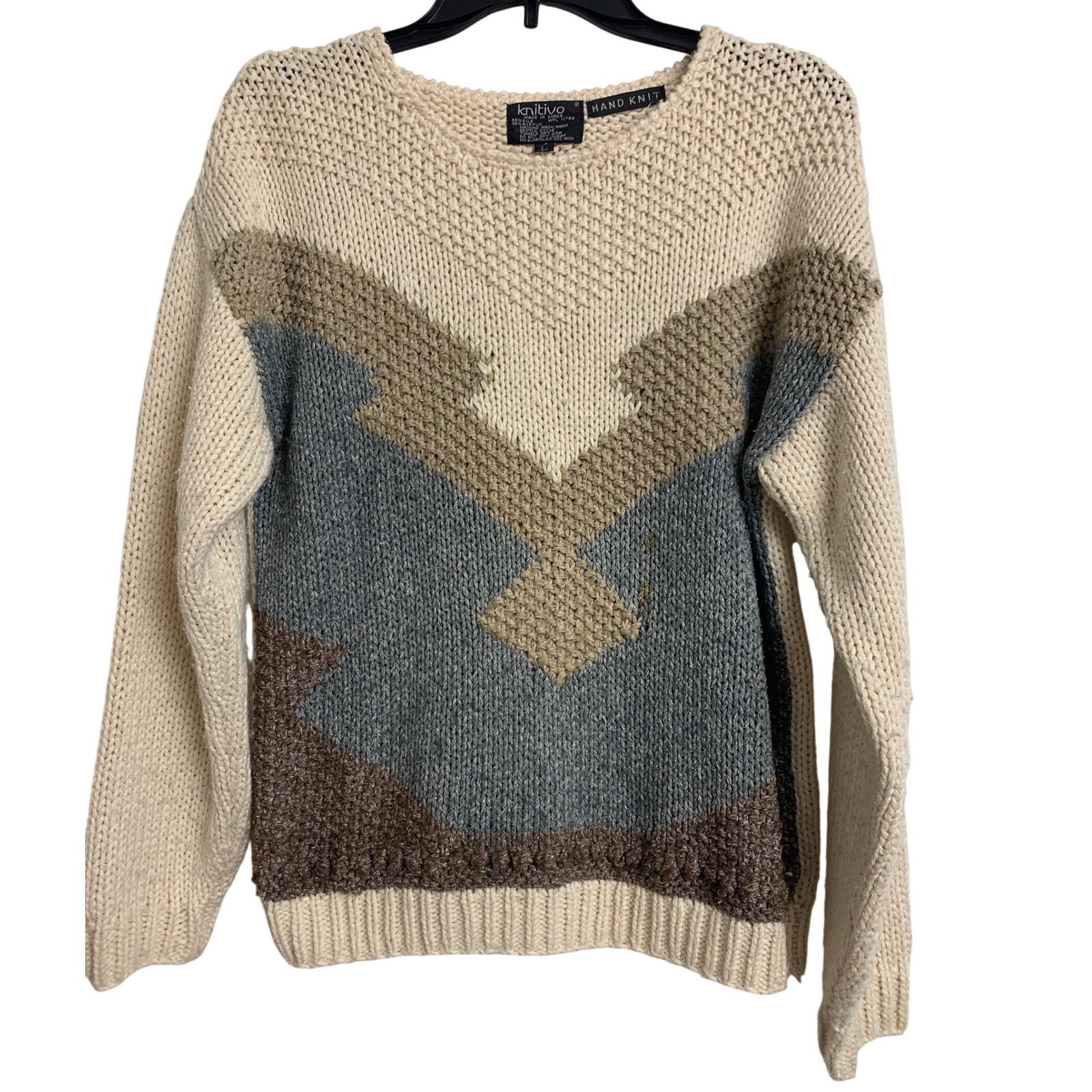 Knitivo Vintage Hand Knit Silk Patchwork Colorblock Sweater Cream Blue Brown L